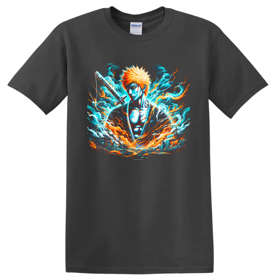 Ichigo Kurosaki with katana amid fiery energy and crashing waves anime graphic on a Charcoal T Shirt