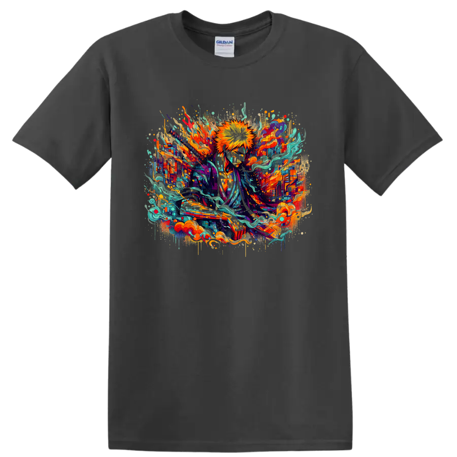 Ichigo Kurosaki Bleach sword hero in colorful abstract energy art on a Charcoal T Shirt