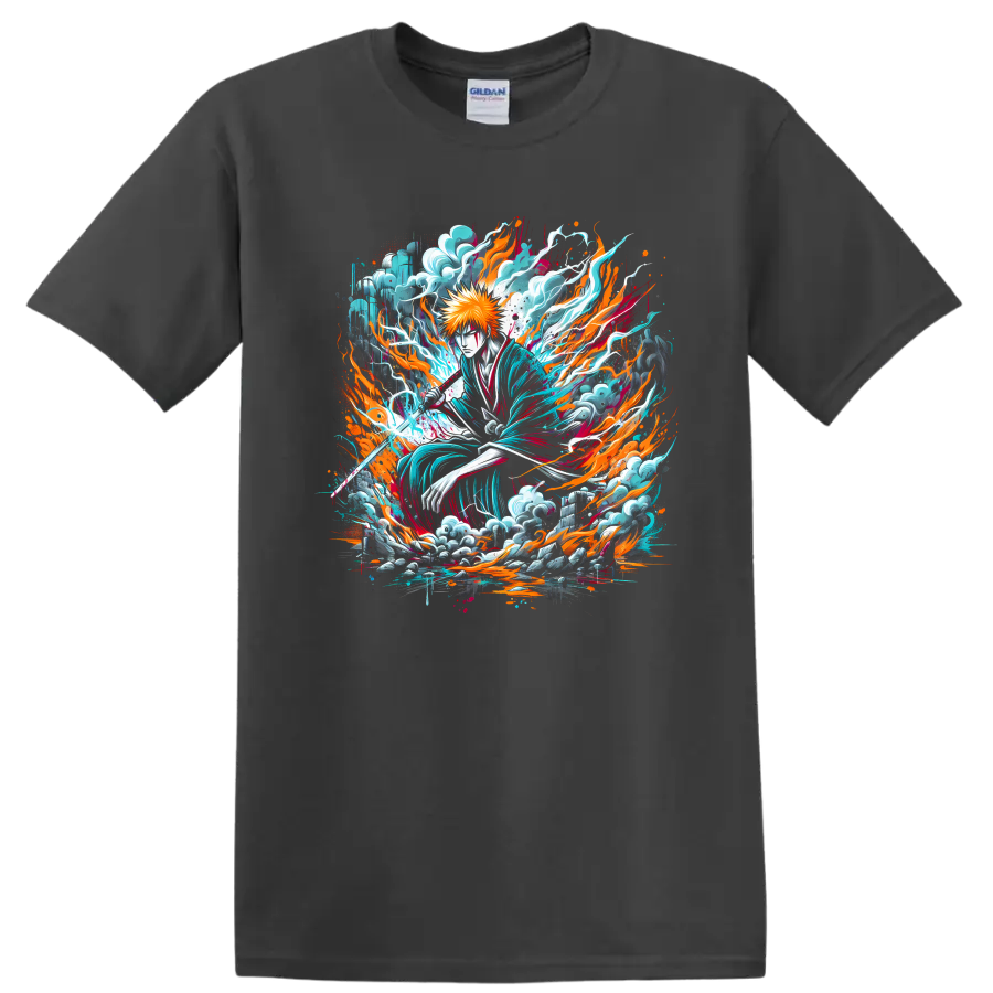 Ichigo Kurosaki fiery sword anime art with turquoise energy and flame effects on a Charcoal T Shirt