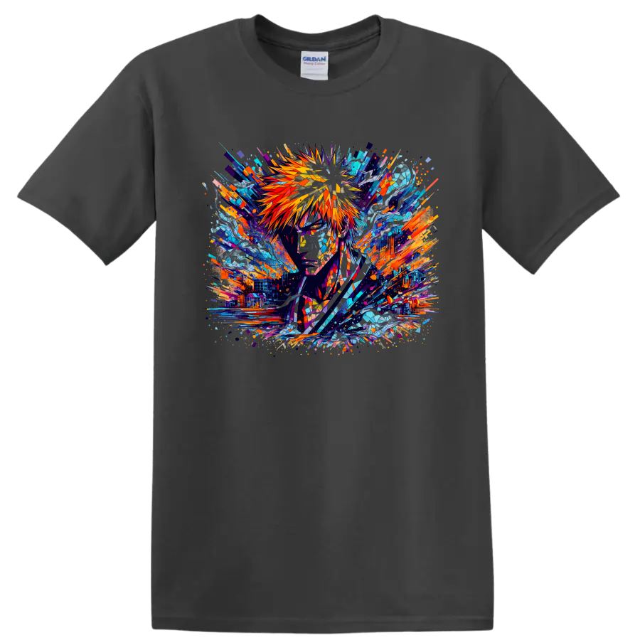 Ichigo Kurosaki stained-glass-style abstract anime portrait with sword on a Charcoal T Shirt