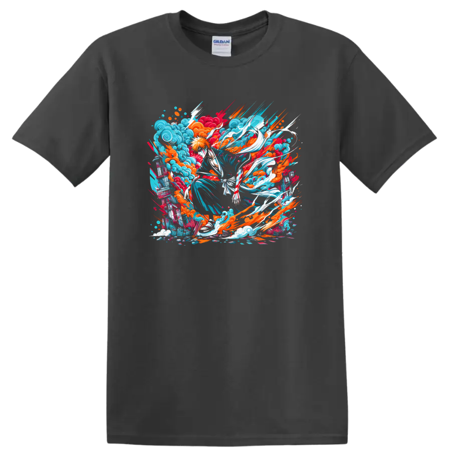 Ichigo Kurosaki Bleach anime action graphic with colorful waves and paint splashes on a Charcoal T Shirt