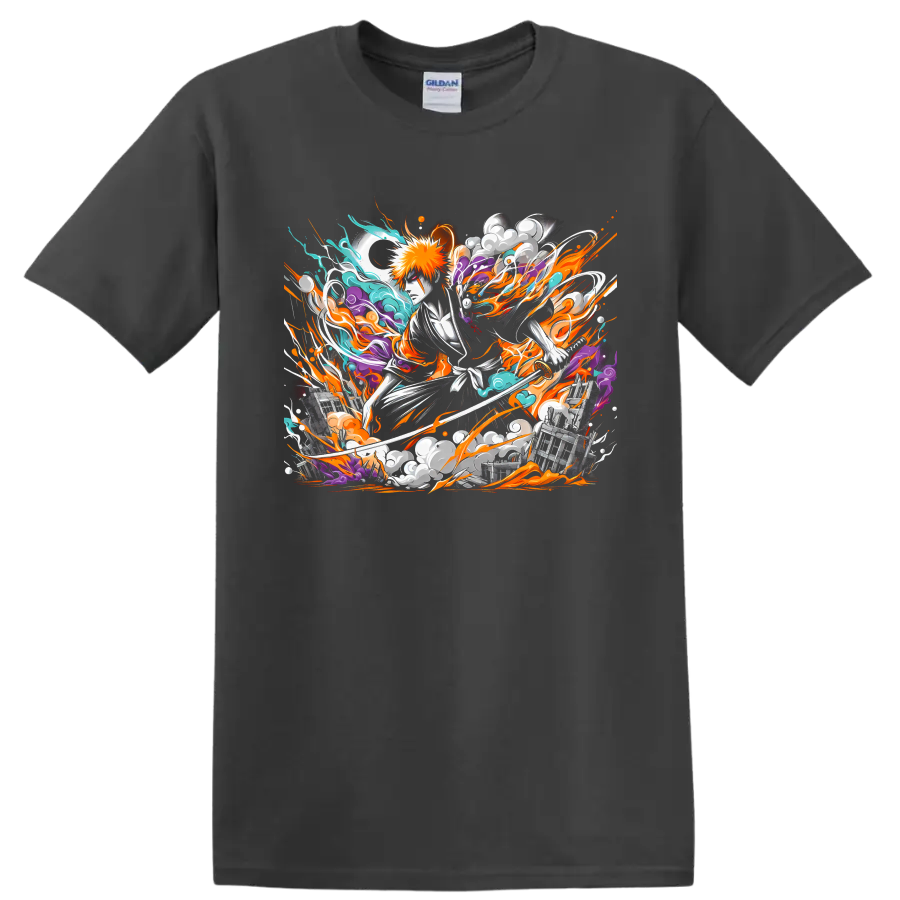 Ichigo Kurosaki with sword in dynamic orange, teal, and purple anime energy art on a Charcoal T Shirt