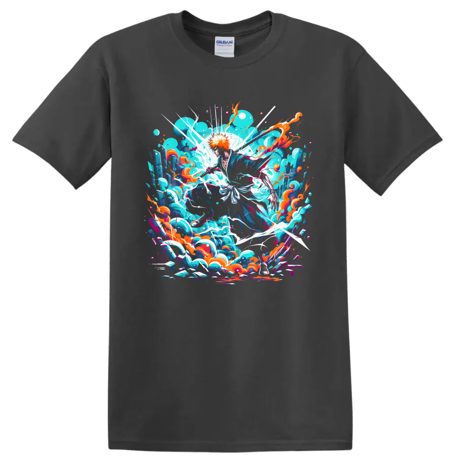 Ichigo Kurosaki sword action graphic with turquoise energy waves and orange accents on a Charcoal T Shirt