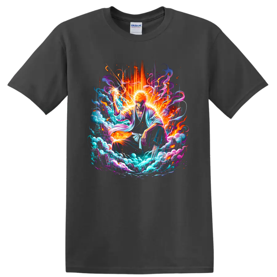 Ichigo Kurosaki neon fantasy battle art with energy waves, sparks, and swirling clouds on a Charcoal T Shirt