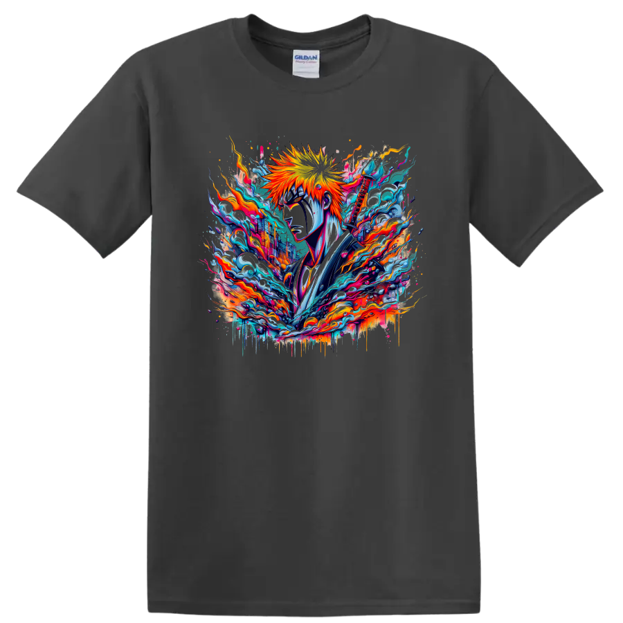 Ichigo Kurosaki Bleach neon sword warrior graphic with flames and blue energy on a Charcoal T Shirt