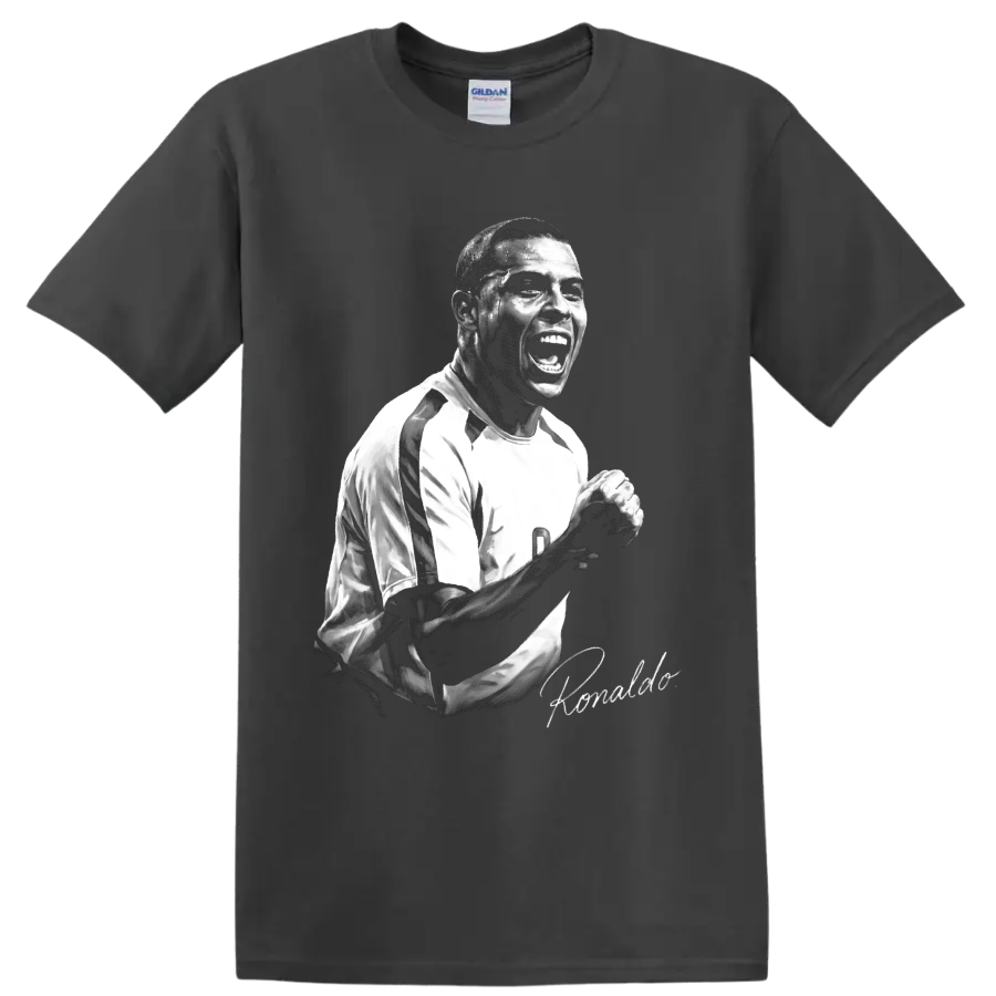Ronaldo Nazário monochrome soccer celebration portrait with signature-style detail on a Charcoal T Shirt