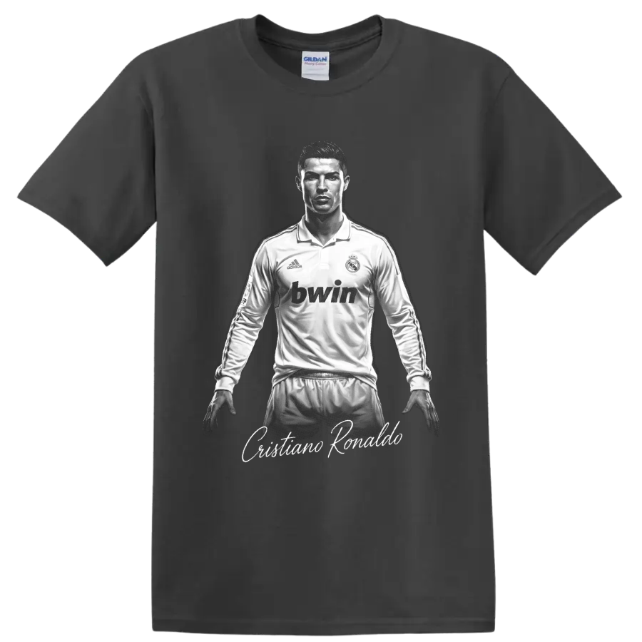 Cristiano Ronaldo Real Madrid monochrome soccer portrait with script name on a Charcoal T Shirt