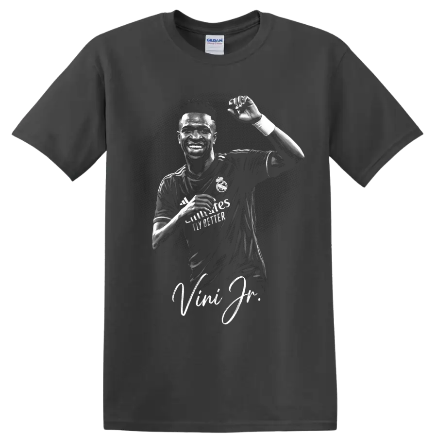 Vinícius Júnior Real Madrid monochrome celebration portrait with signature script on a Charcoal T Shirt
