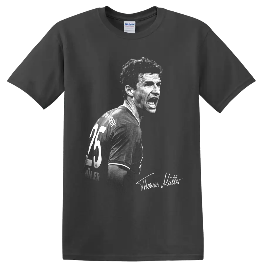 Thomas Müller black-and-white soccer portrait with number 25 jersey and signature detail on a Charcoal T Shirt