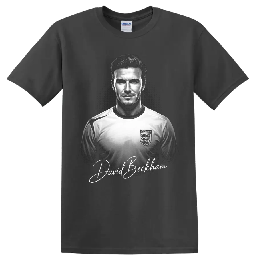 David Beckham England soccer portrait with signature-style lettering on a Charcoal T Shirt