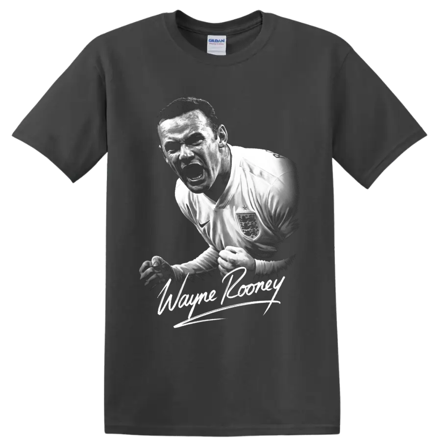 Wayne Rooney England soccer player monochrome portrait with signature-style lettering on a Charcoal T Shirt