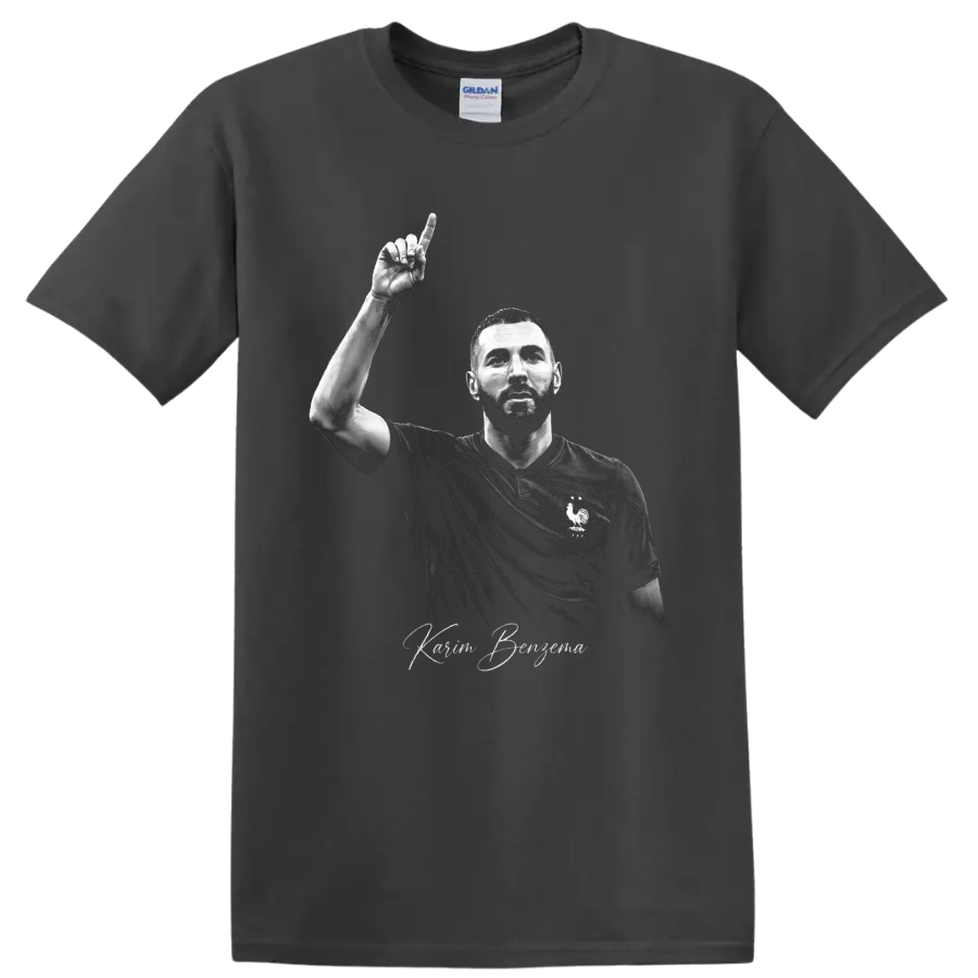 Karim Benzema France soccer portrait with raised finger and signature-style lettering on a Charcoal T Shirt