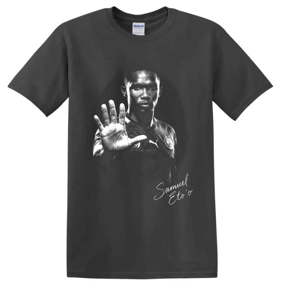 Samuel Eto'o Cameroon soccer portrait in dramatic distressed black-and-white style on a Charcoal T Shirt