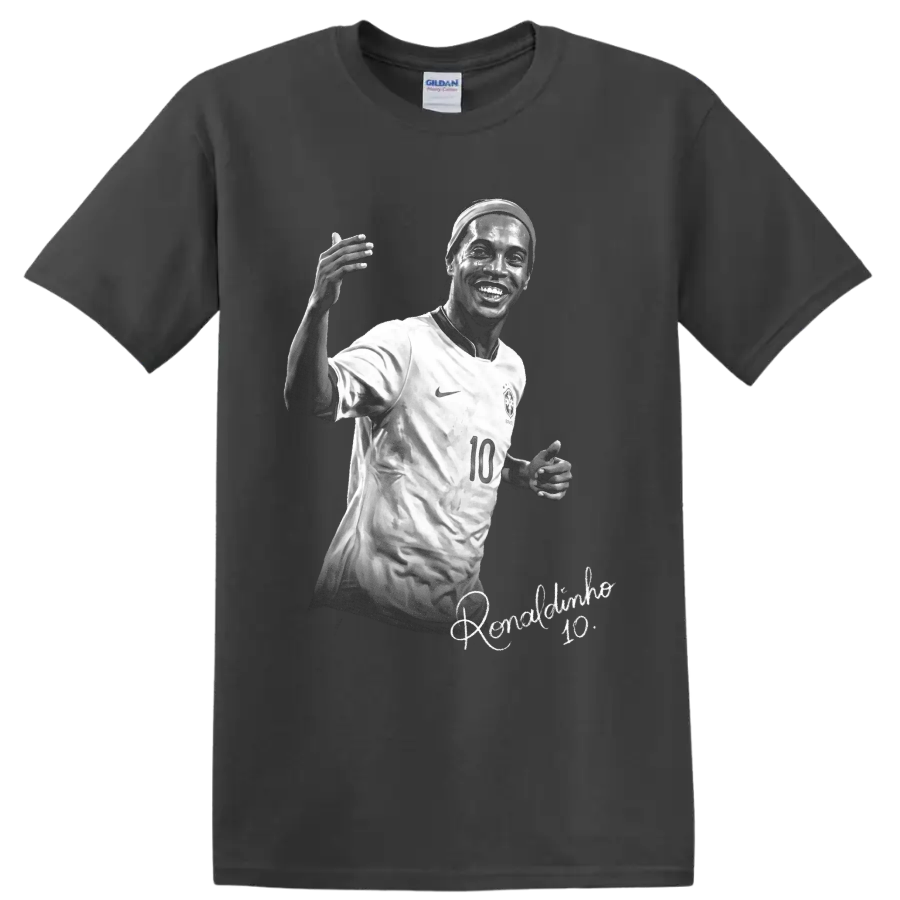 Ronaldinho in Brazil number 10 jersey, monochrome soccer portrait with signature script on a Charcoal T Shirt