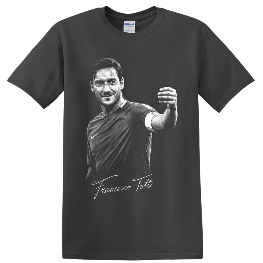 Francesco Totti monochrome soccer portrait with signature-style lettering on a Charcoal T Shirt