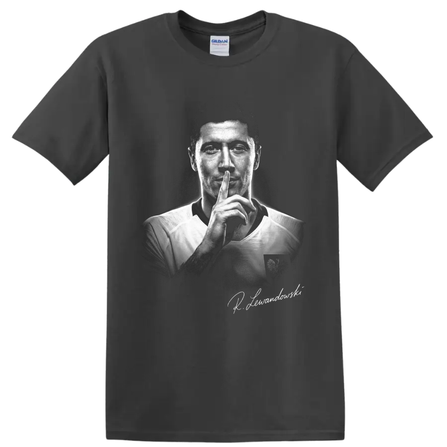 Robert Lewandowski Poland soccer shushing portrait in dramatic monochrome style on a Charcoal T Shirt