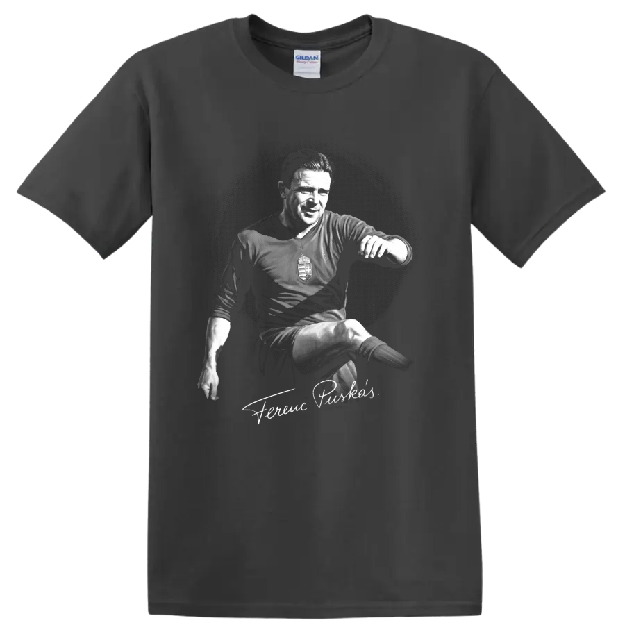Ferenc Puskás monochrome soccer action portrait with signature-style lettering on a Charcoal T Shirt