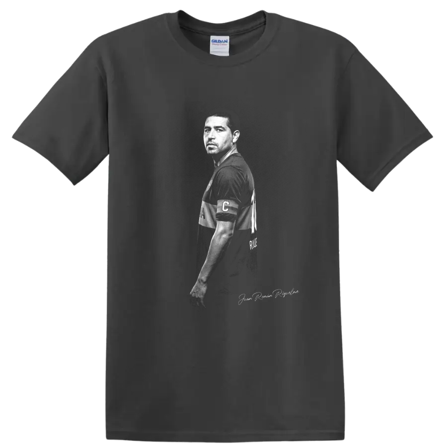 Juan Román Riquelme monochrome soccer portrait with captain’s armband on a Charcoal T Shirt