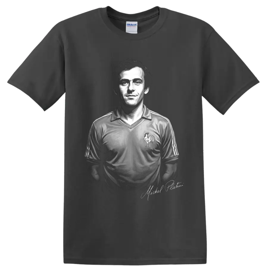 Michel Platini black-and-white France soccer jersey portrait with signature detail on a Charcoal T Shirt
