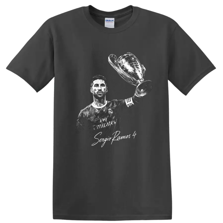 Sergio Ramos monochrome portrait raising a European trophy with signature-style text on a Charcoal T Shirt