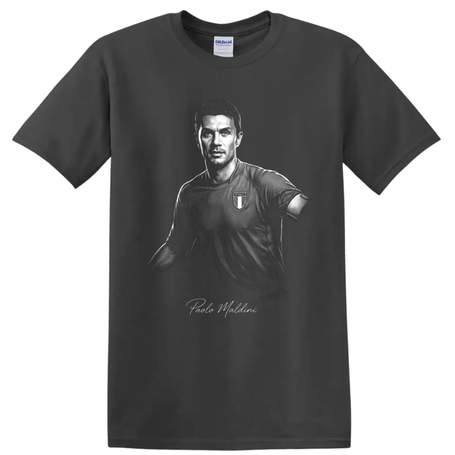 Paolo Maldini monochrome Italy soccer portrait with signature-style name lettering on a Charcoal T Shirt