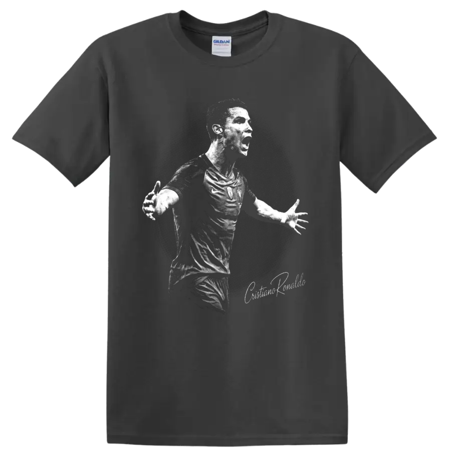 Cristiano Ronaldo celebrating in a distressed black-and-white soccer portrait on a Charcoal T Shirt