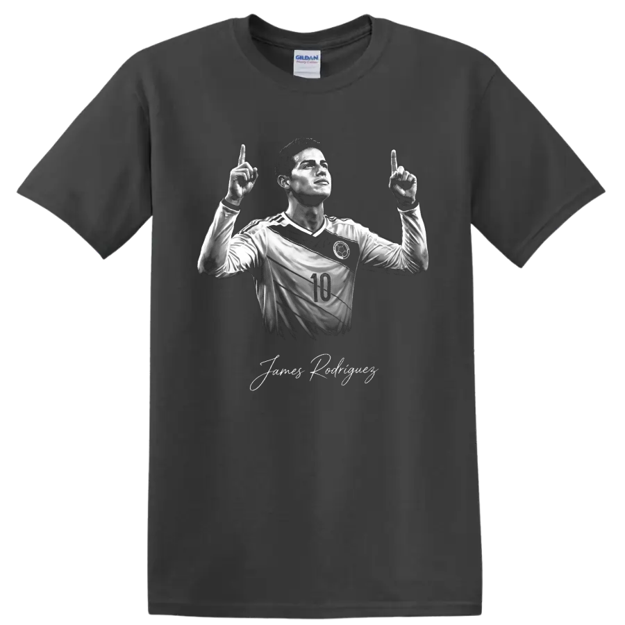 James Rodríguez monochrome number 10 soccer portrait with signature-style name on a Charcoal T Shirt