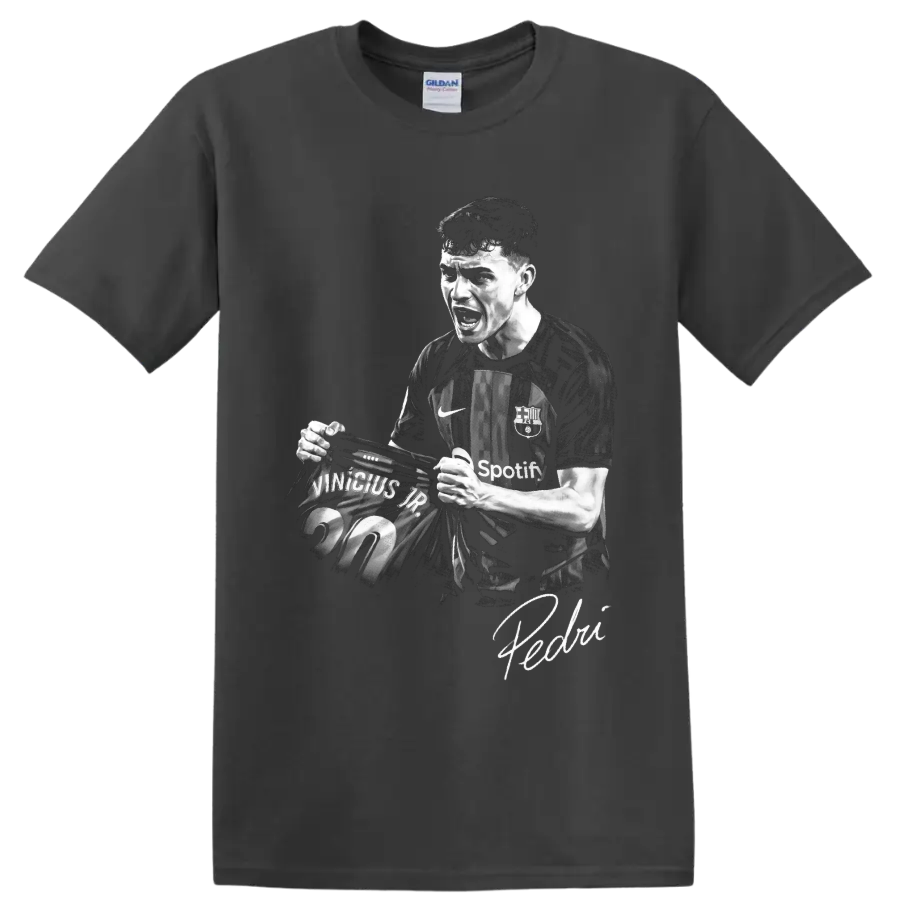 Pedri FC Barcelona soccer celebration portrait with number 20 jersey and signature on a Charcoal T Shirt