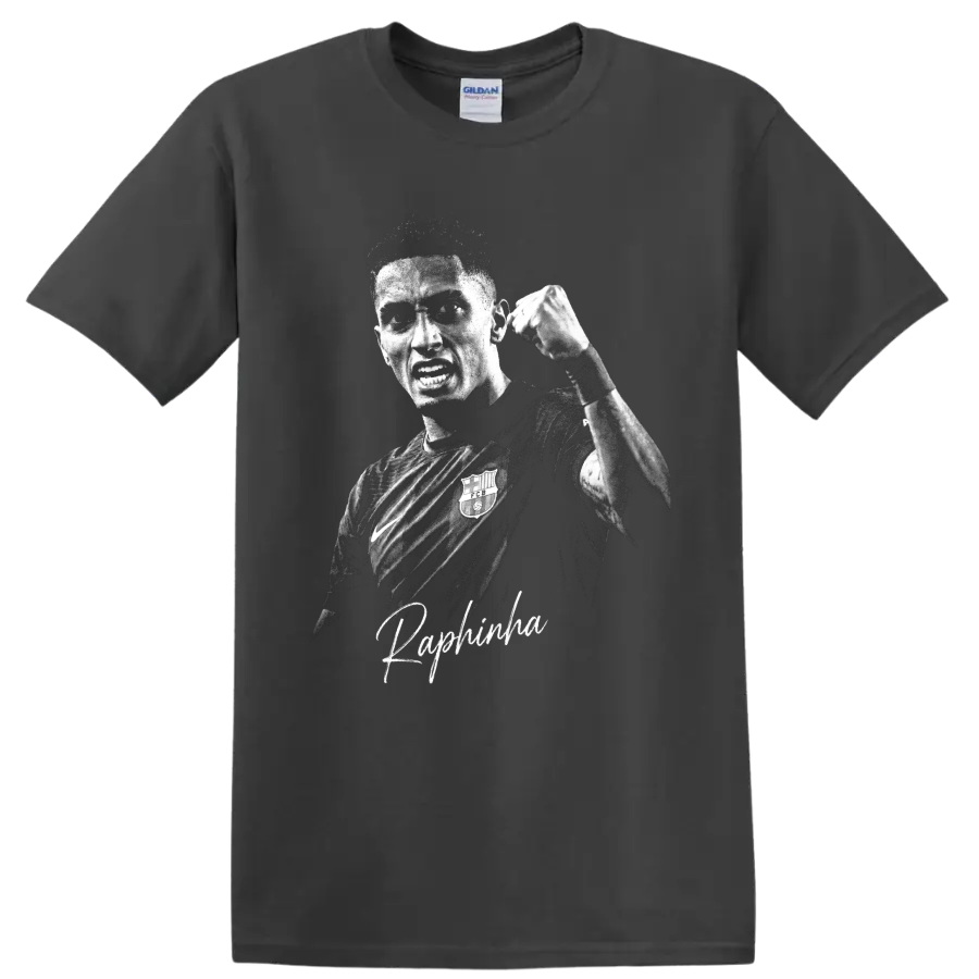 Raphinha raised-fist grayscale soccer portrait with signature-style name lettering on a Charcoal T Shirt