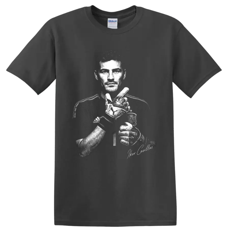 Iker Casillas monochrome goalkeeper portrait with gloves and signature-style accent on a Charcoal T Shirt