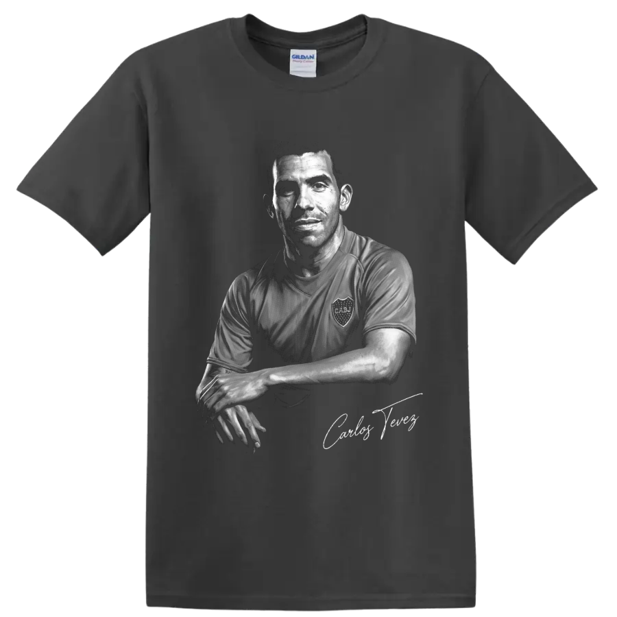 Carlos Tevez grayscale soccer portrait with signature-style text on a Charcoal T Shirt