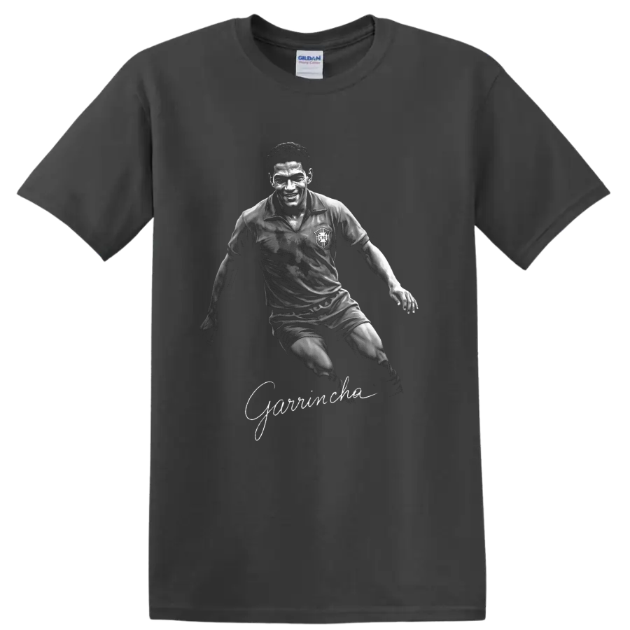 Garrincha dribbling soccer portrait in textured black-and-white vintage sports art on a Charcoal T Shirt