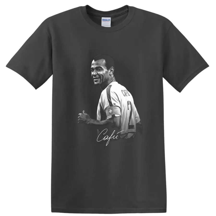 Monochrome Cafu Brazil captain portrait with number 2 jersey and signature-style script on a Charcoal T Shirt