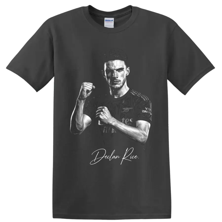 Declan Rice Arsenal soccer portrait with raised fist and signature-style text on a Charcoal T Shirt