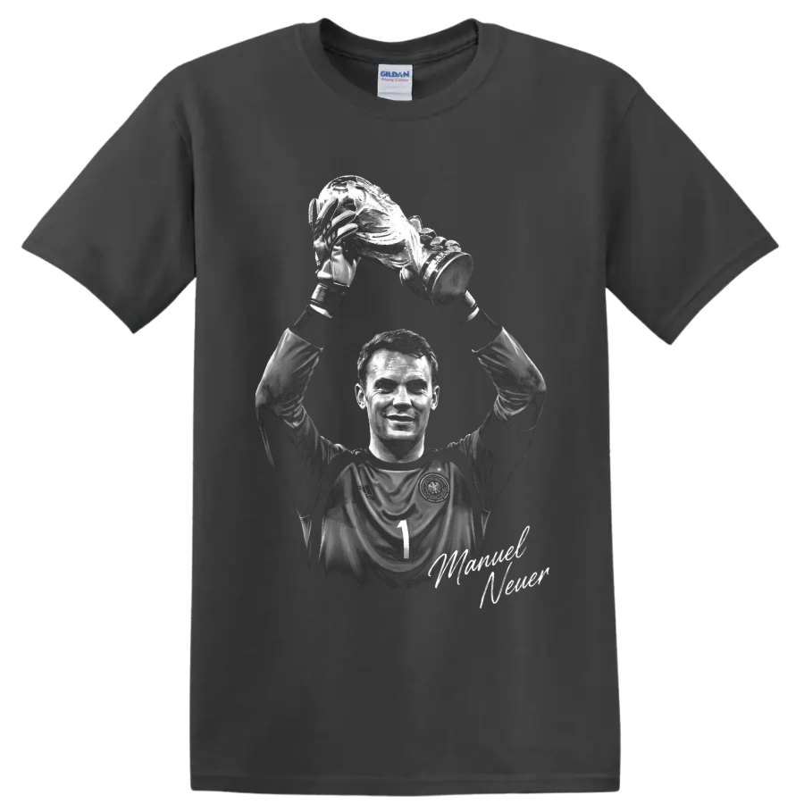 Manuel Neuer grayscale goalkeeper portrait raising a trophy with signature on a Charcoal T Shirt