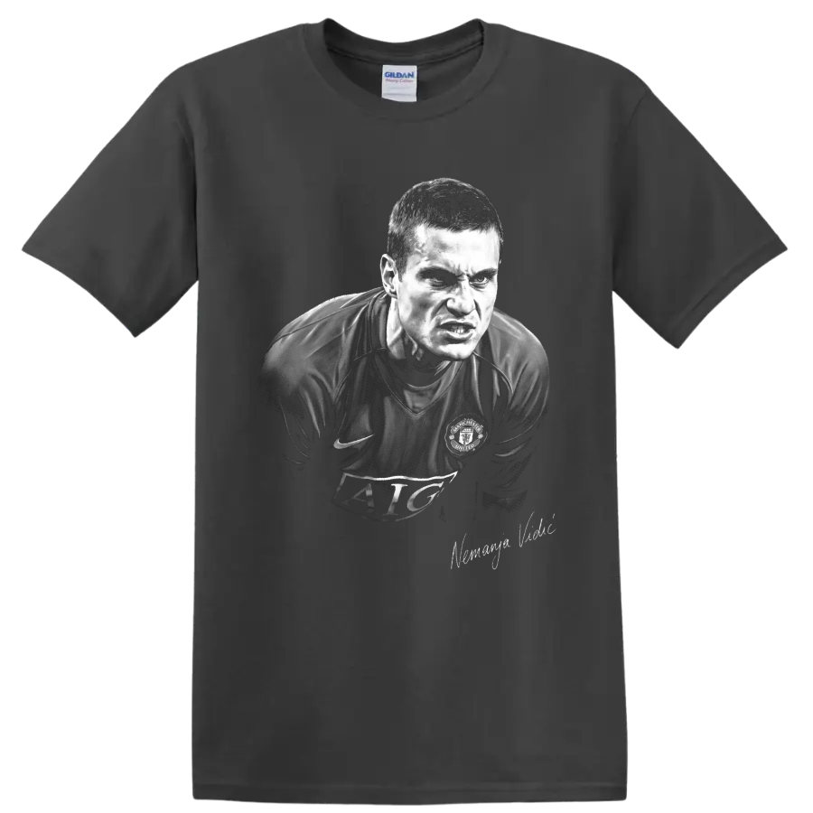 Nemanja Vidic Manchester United defender in intense monochrome portrait artwork on a Charcoal T Shirt