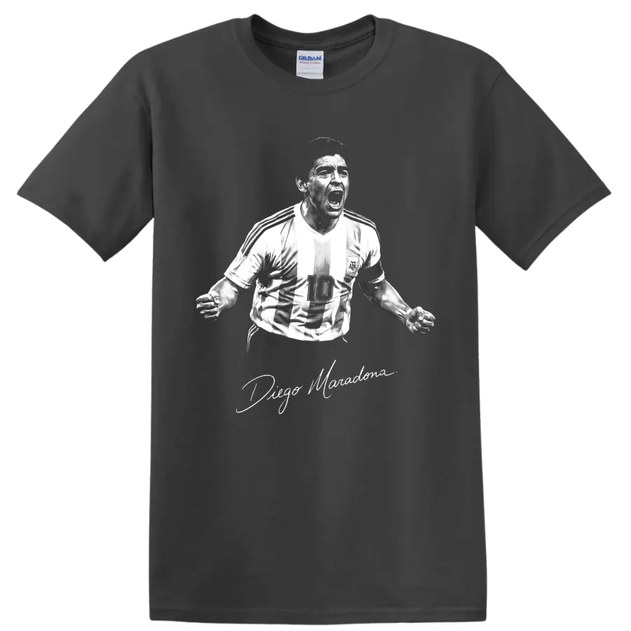 Diego Maradona roaring in a striped number 10 jersey, monochrome portrait and signature on a Charcoal T Shirt