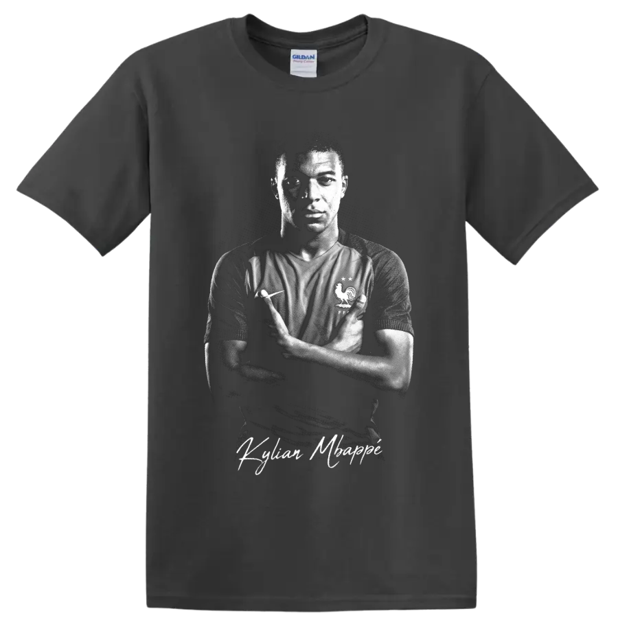 Kylian Mbappé France soccer portrait with dramatic monochrome lighting and signature text on a Charcoal T Shirt
