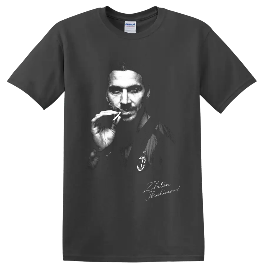 Zlatan Ibrahimović monochrome soccer portrait with smoke and signature-style lettering on a Charcoal T Shirt