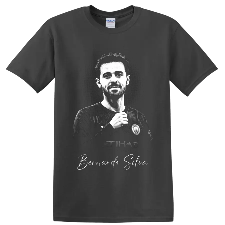 Bernardo Silva Manchester City monochrome soccer portrait with signature-style name on a Charcoal T Shirt