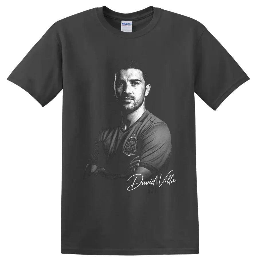 David Villa Spain soccer portrait in dramatic monochrome with signature-style lettering on a Charcoal T Shirt