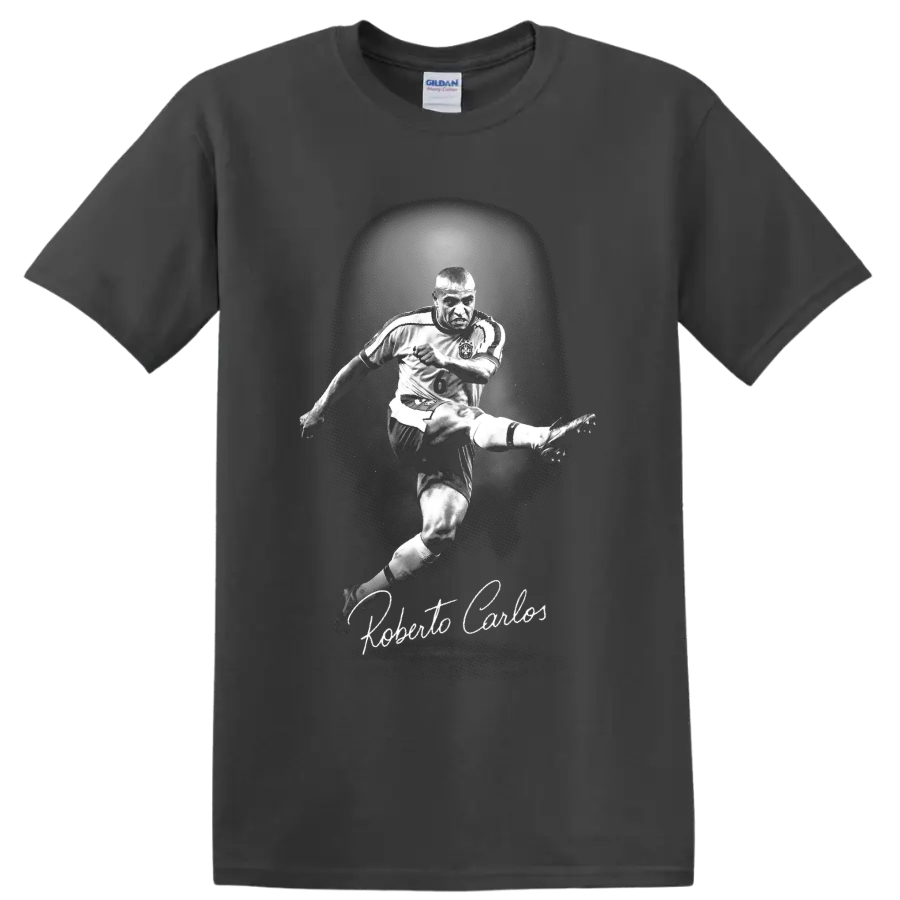 Roberto Carlos mid-kick soccer portrait with number 6 jersey and script signature on a Charcoal T Shirt