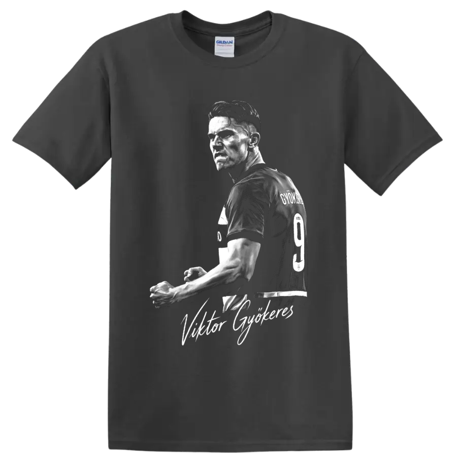 Viktor Gyökeres monochrome soccer portrait with number 9 jersey and script name on a Charcoal T Shirt