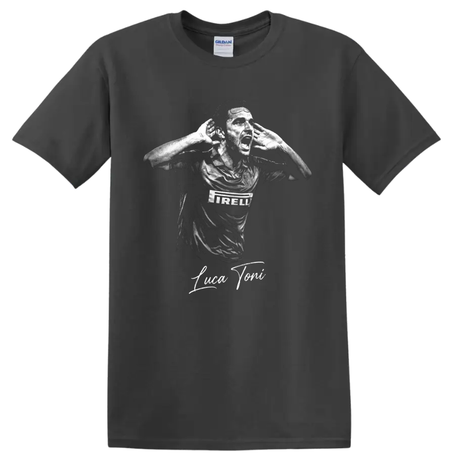 Luca Toni monochrome hands-to-ears soccer portrait with signature lettering on a Charcoal T Shirt