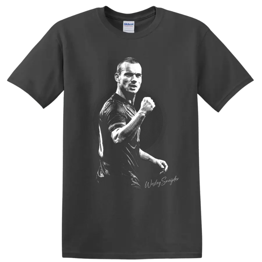 Wesley Sneijder raised-fist soccer portrait in gritty black-and-white style on a Charcoal T Shirt