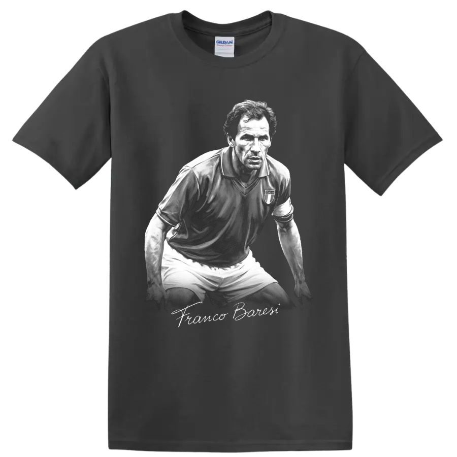 Franco Baresi grayscale soccer defender portrait with signature-style lettering on a Charcoal T Shirt
