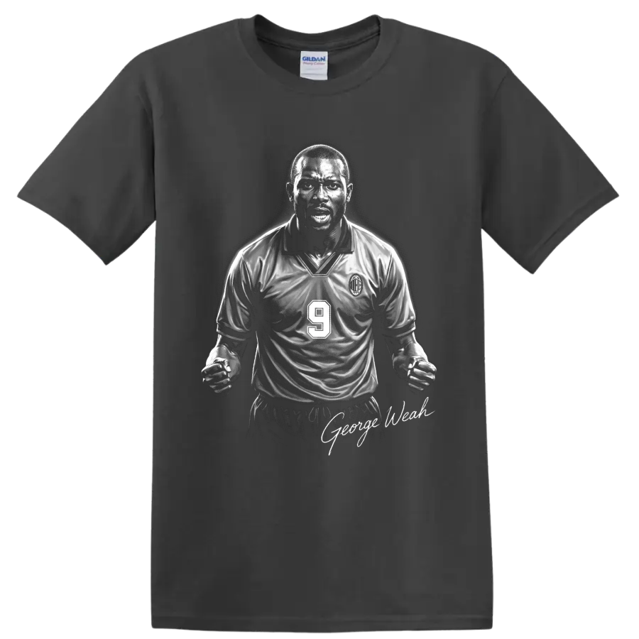 George Weah AC Milan number 9 monochrome soccer portrait with signature-style text on a Charcoal T Shirt