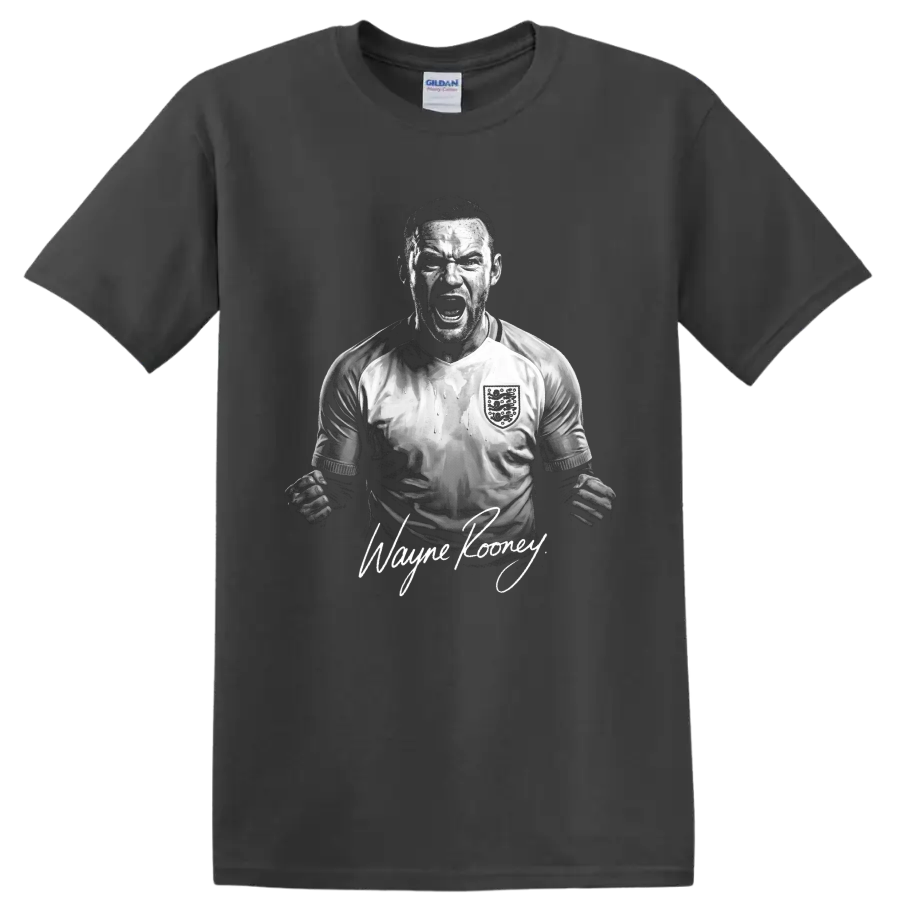 Wayne Rooney England soccer celebration portrait with signature-style name lettering on a Charcoal T Shirt