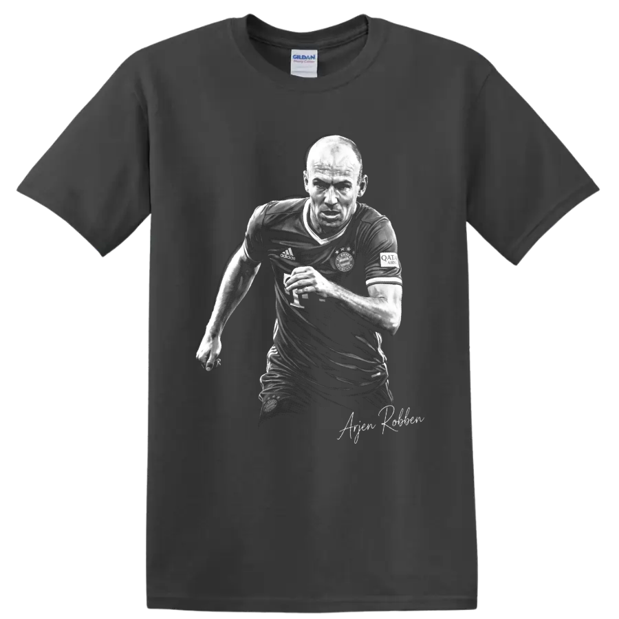 Arjen Robben running soccer portrait in monochrome with signature-style name on a Charcoal T Shirt