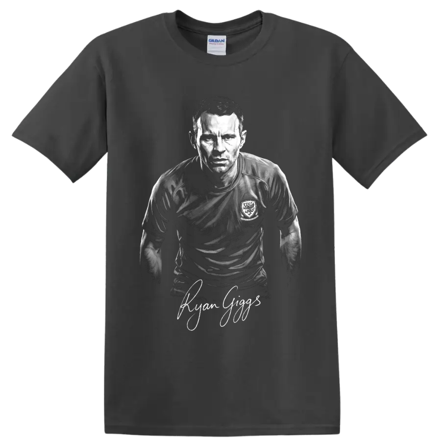 Ryan Giggs monochrome Welsh soccer player portrait with signature-style lettering on a Charcoal T Shirt